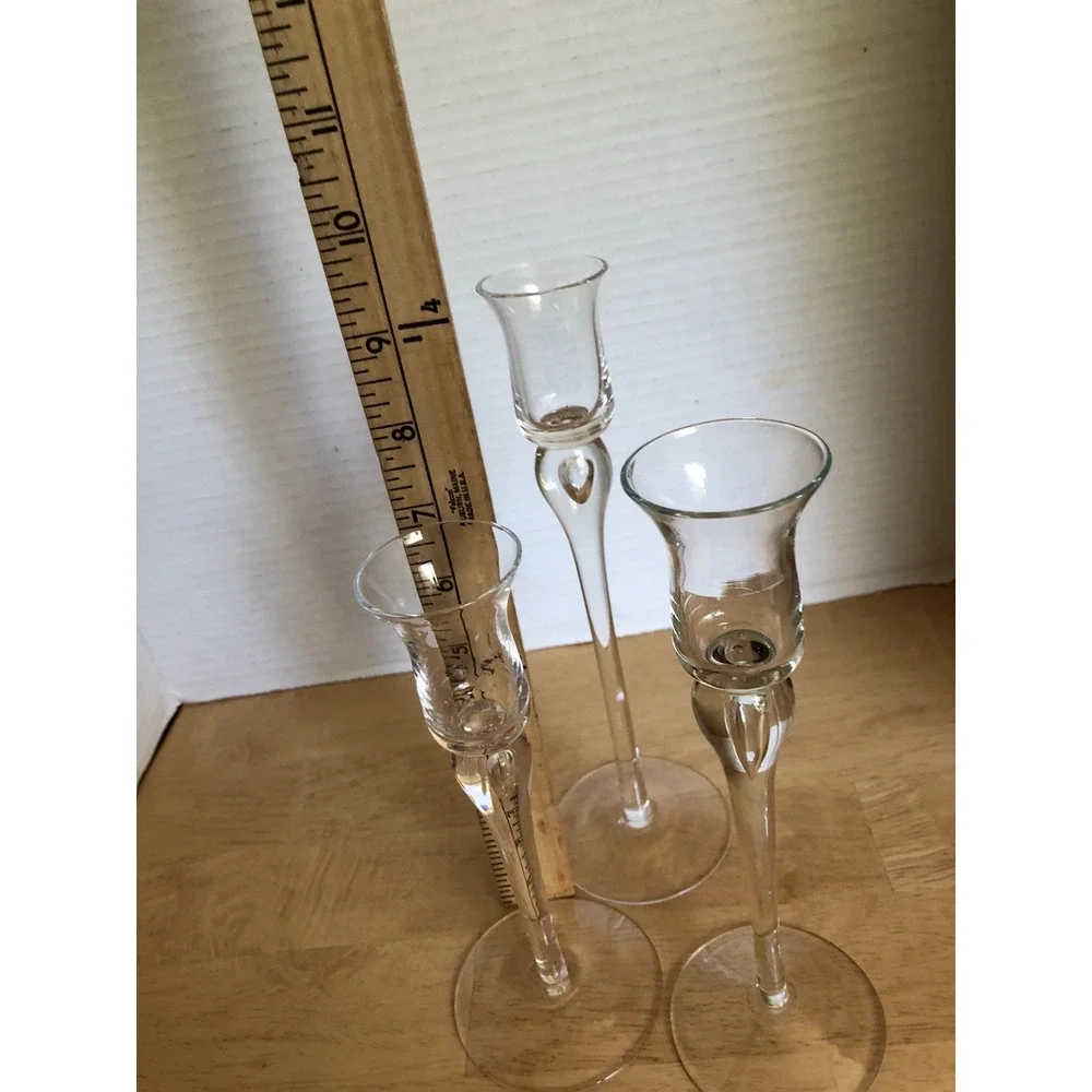 Set Of 3 Long Stem Clear Glass Graduated Hight Tapered Candle Holders